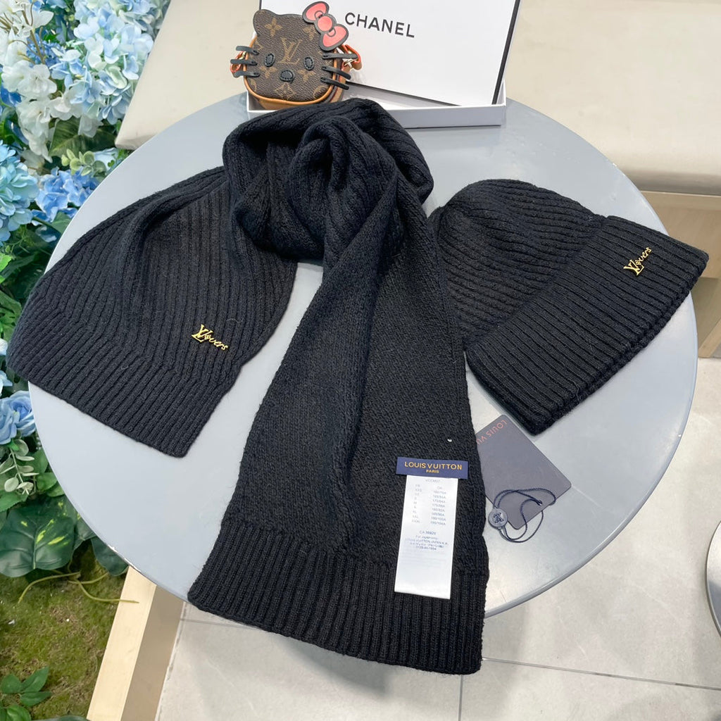 LOUIS VUITTON SET SCARF AND HAT IN BLACK WOOL 436222