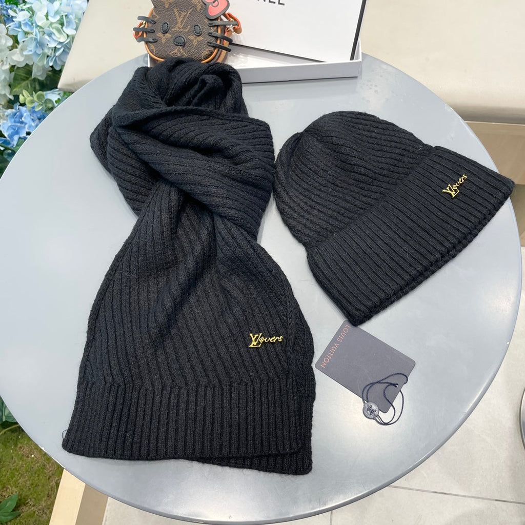 LOUIS VUITTON SET SCARF AND HAT IN BLACK WOOL 436222