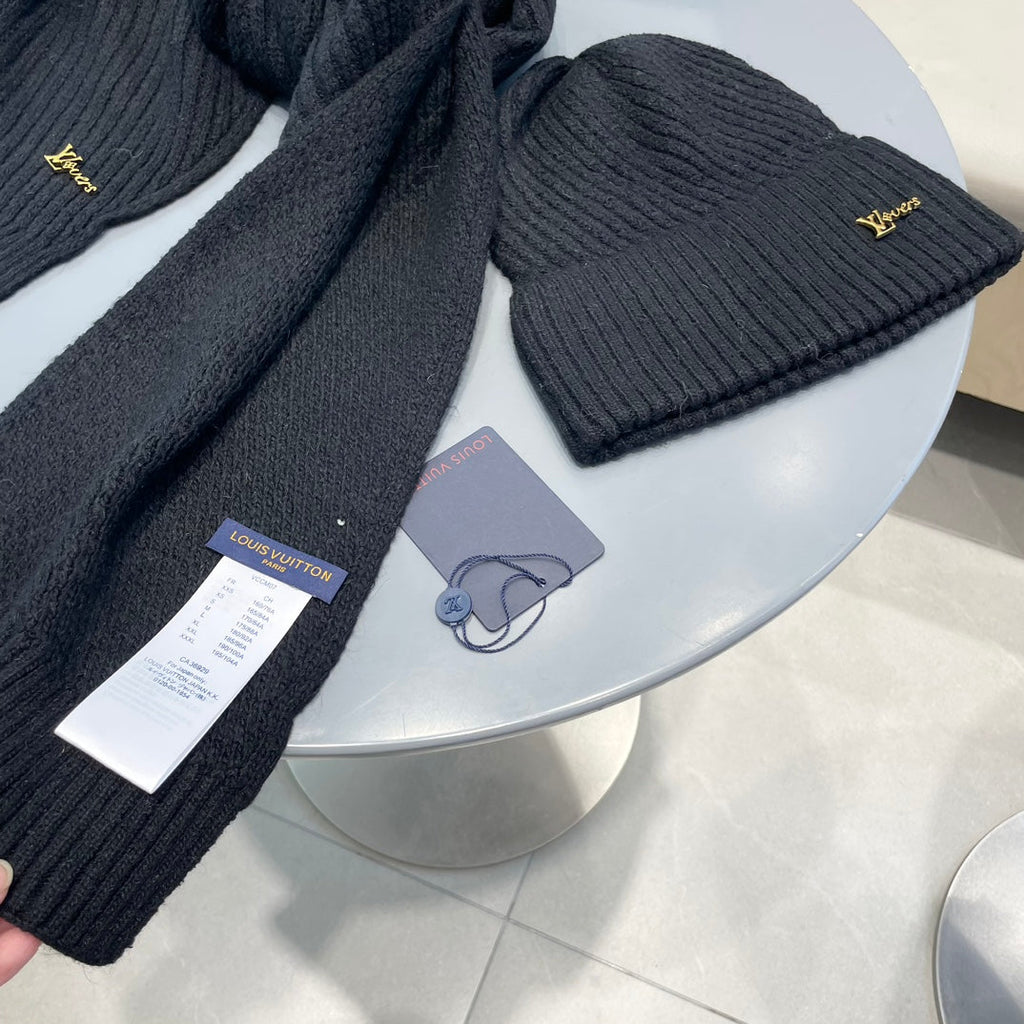 LOUIS VUITTON SET SCARF AND HAT IN BLACK WOOL 436222