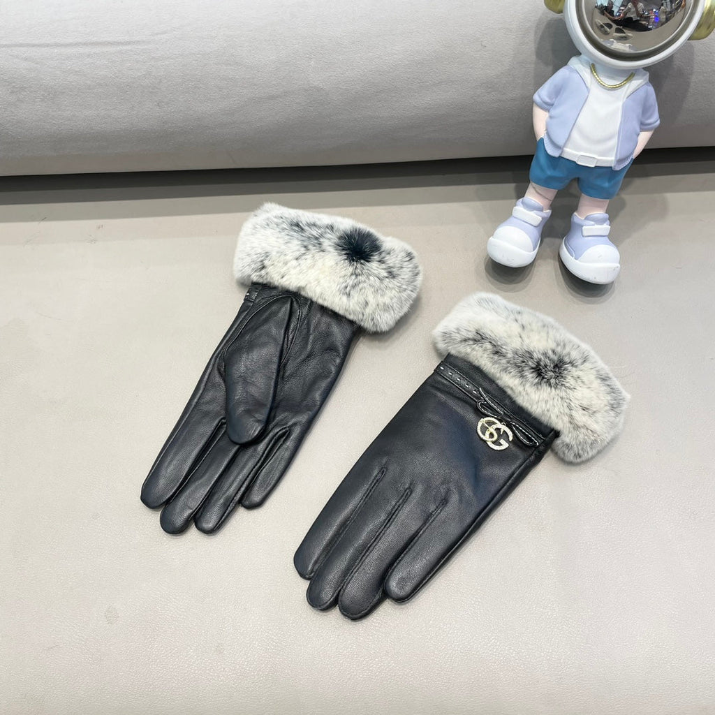 GUCCI FUR-TRIMMED LAMBSKIN GLOVES BLACK WITH BOW 456265