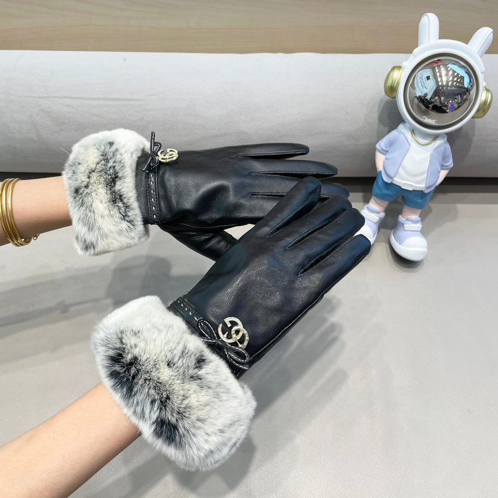 GUCCI FUR-TRIMMED LAMBSKIN GLOVES BLACK WITH BOW 456265