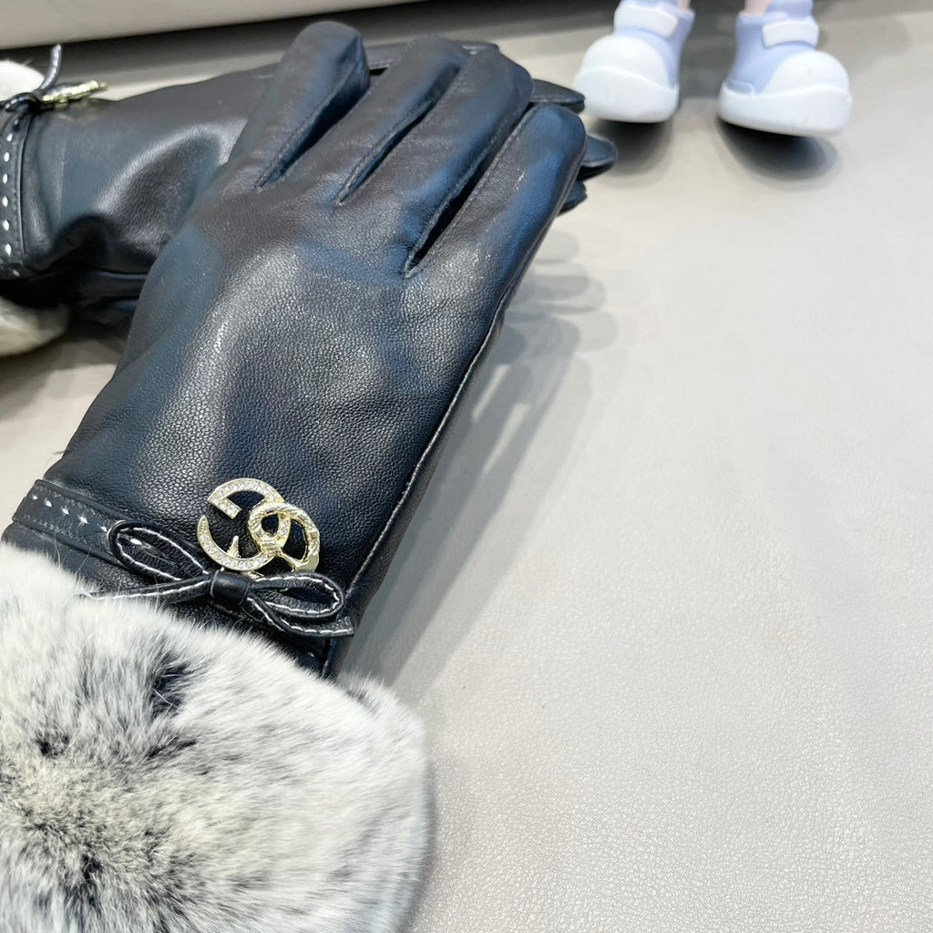 GUCCI FUR-TRIMMED LAMBSKIN GLOVES BLACK WITH BOW 456265