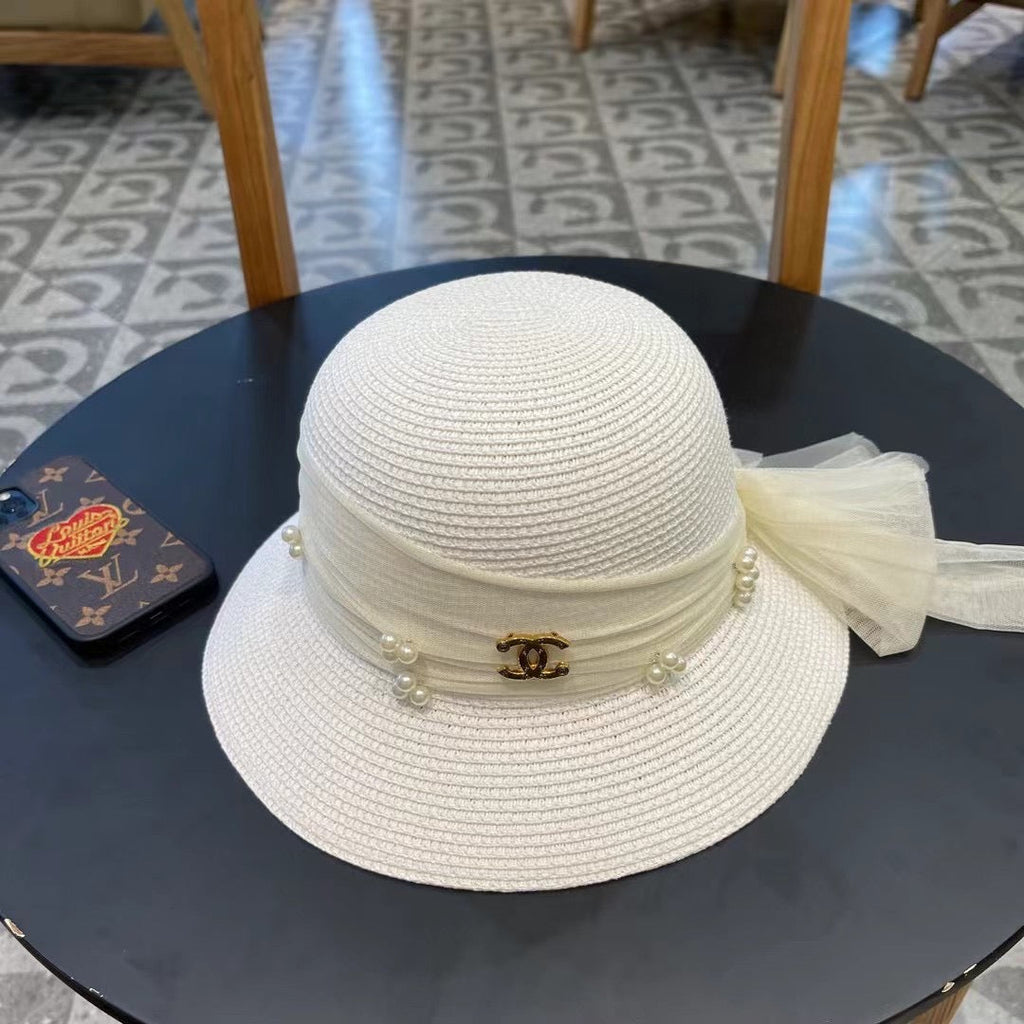 CHANEL STRAW HAT BOW WITH PEARL WHITE 672700