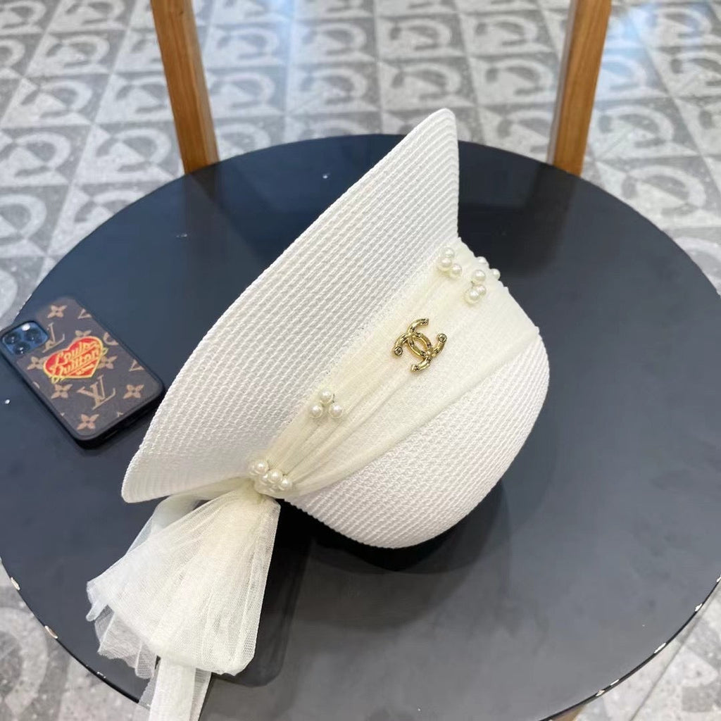 CHANEL STRAW HAT BOW WITH PEARL WHITE 672700