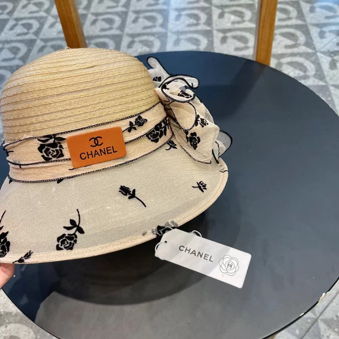 CHANEL STRAW HAT WITH CHIFFON FLOWER BEIGE 672761