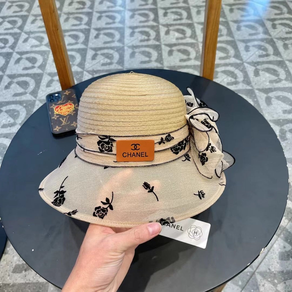 CHANEL STRAW HAT WITH CHIFFON FLOWER BEIGE 672761
