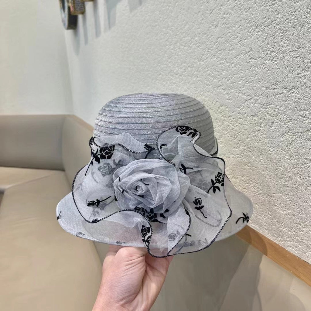 CHANEL STRAW HAT WITH CHIFFON FLOWER VINTAGE GRAY 672759
