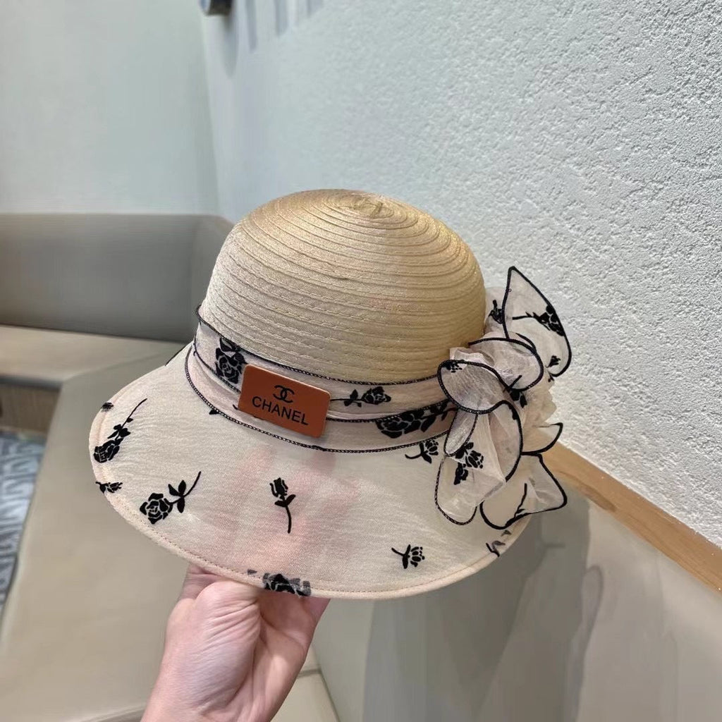 CHANEL STRAW HAT WITH CHIFFON FLOWER BEIGE 672761