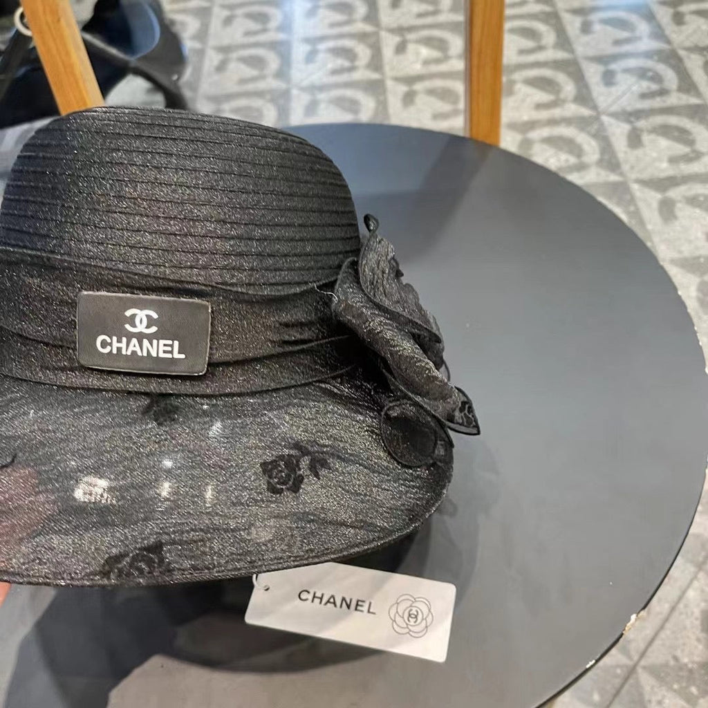 CHANEL STRAW HAT WITH CHIFFON FLOWER BLACK 672760