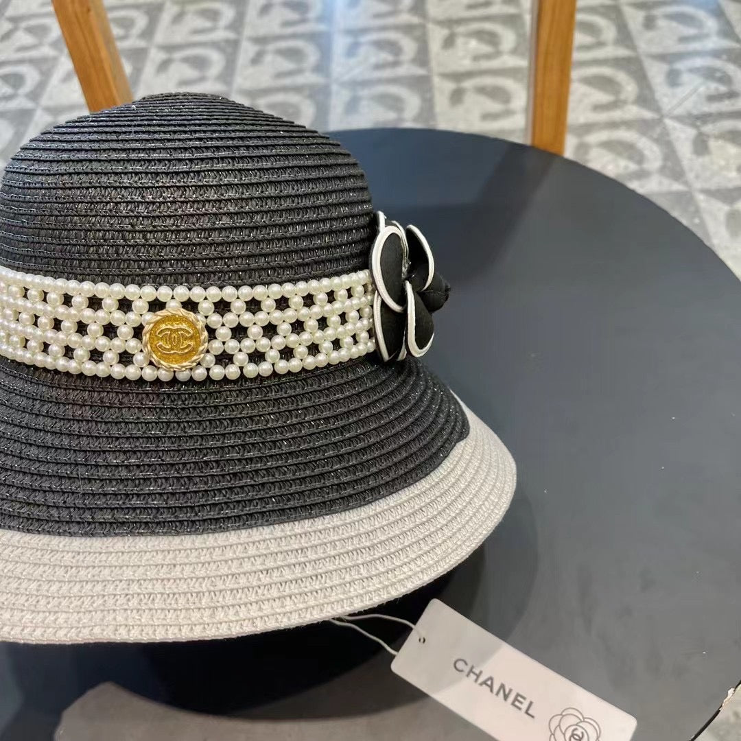 CHANEL STRAW BUCKET HAT BLACK WITH PEARLS 672762