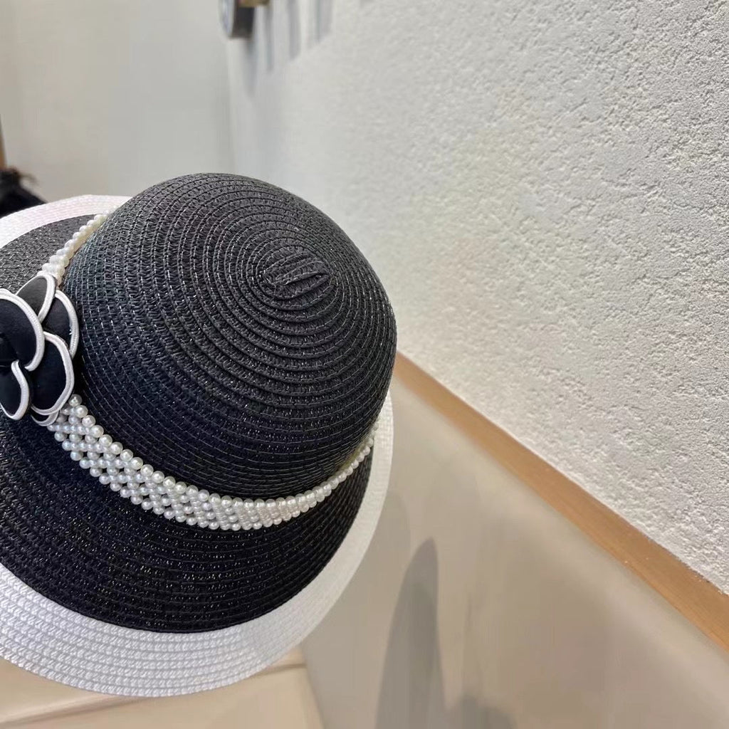 CHANEL STRAW BUCKET HAT BLACK WITH PEARLS 672762