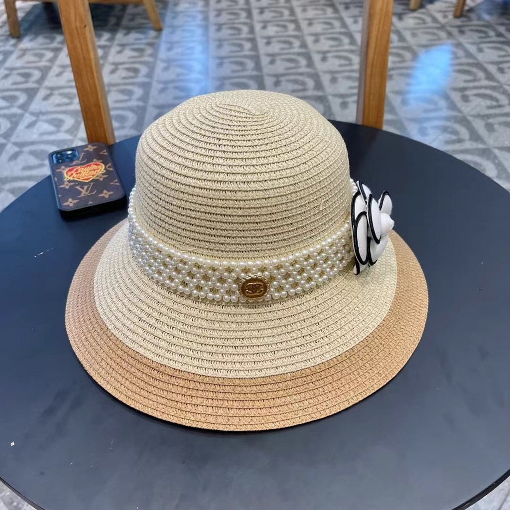 CHANEL STRAW BUCKET HAT WINDSOR GREIGE WITH PEARLS 672763