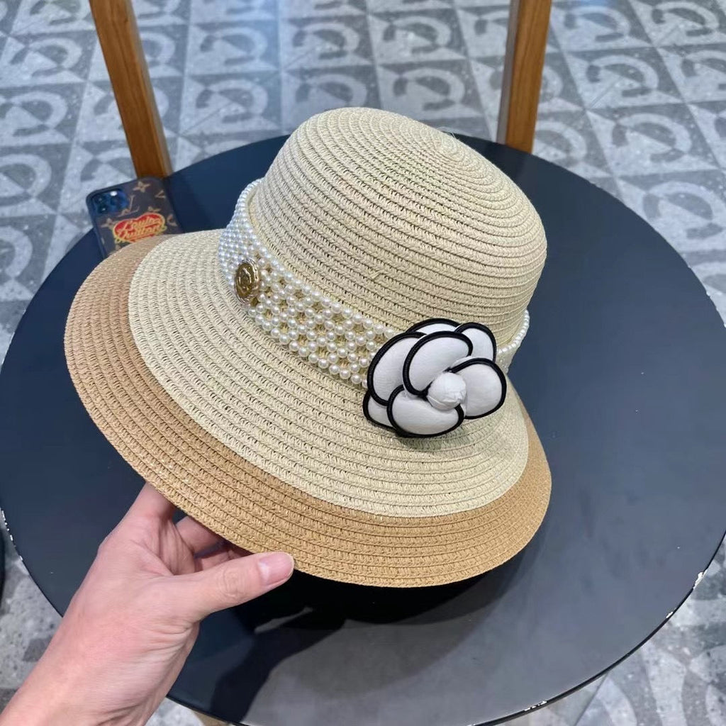 CHANEL STRAW BUCKET HAT WINDSOR GREIGE WITH PEARLS 672763