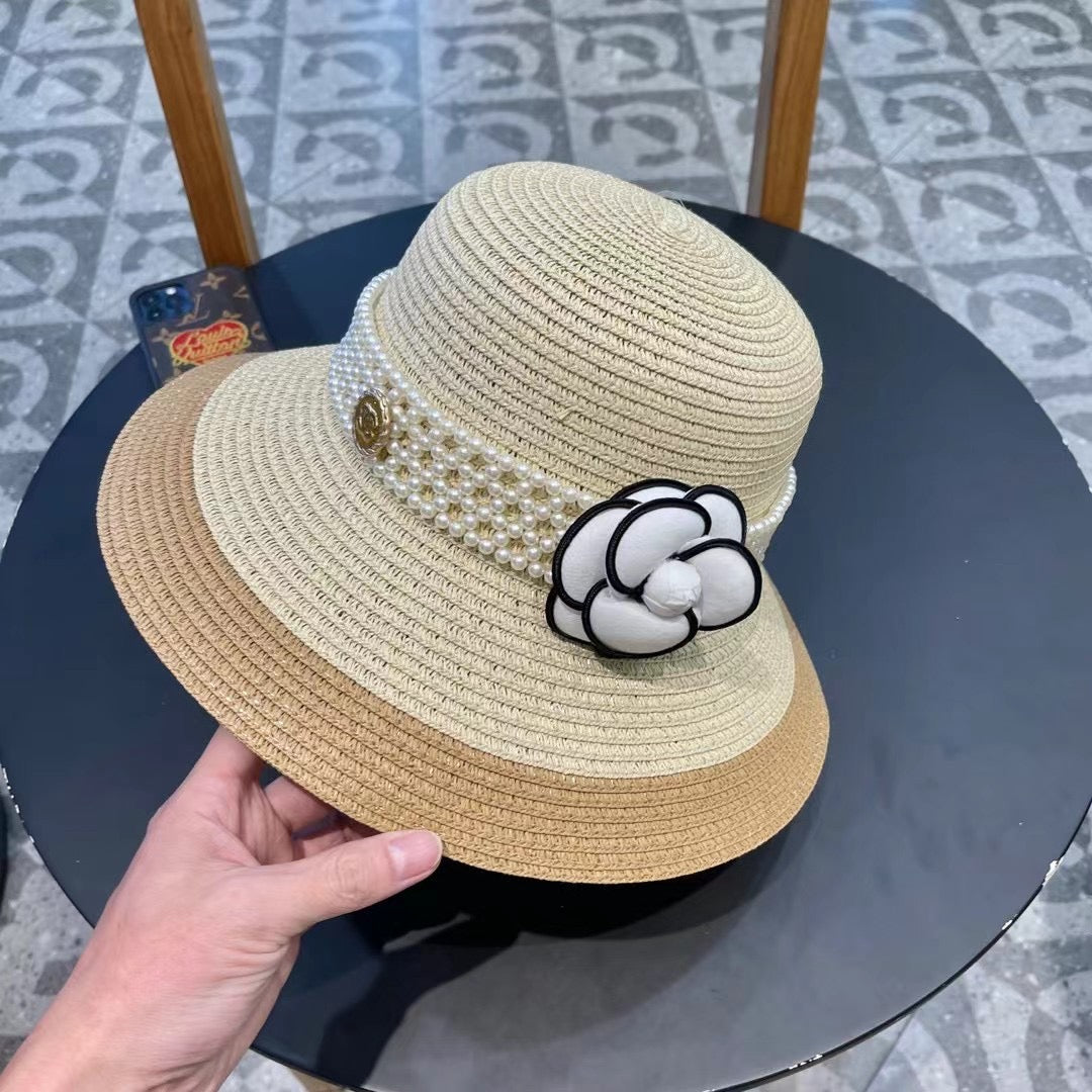 CHANEL STRAW BUCKET HAT WINDSOR GREIGE WITH PEARLS 672763