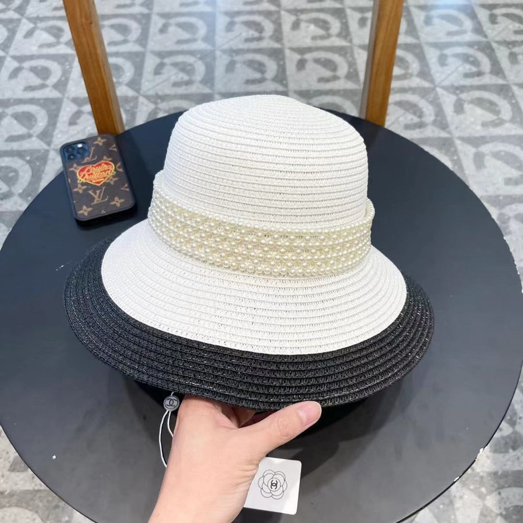 CHANEL STRAW BUCKET HAT WHITE WITH PEARLS 672764