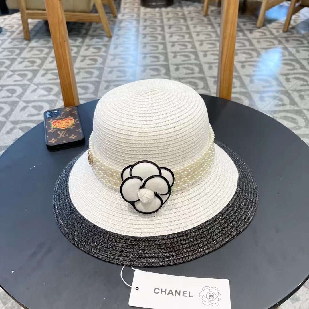CHANEL STRAW BUCKET HAT WHITE WITH PEARLS 672764
