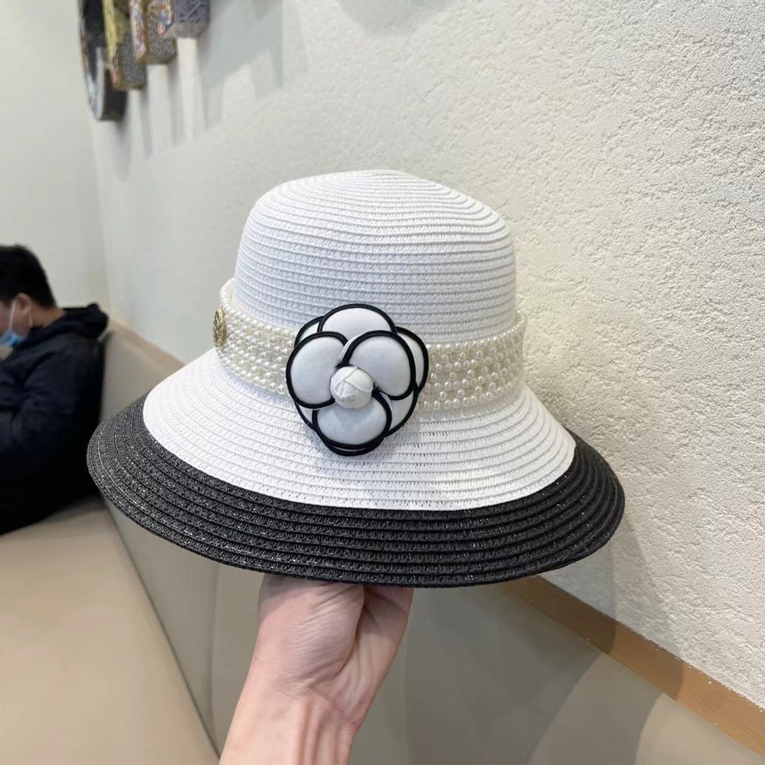 CHANEL STRAW BUCKET HAT WHITE WITH PEARLS 672764