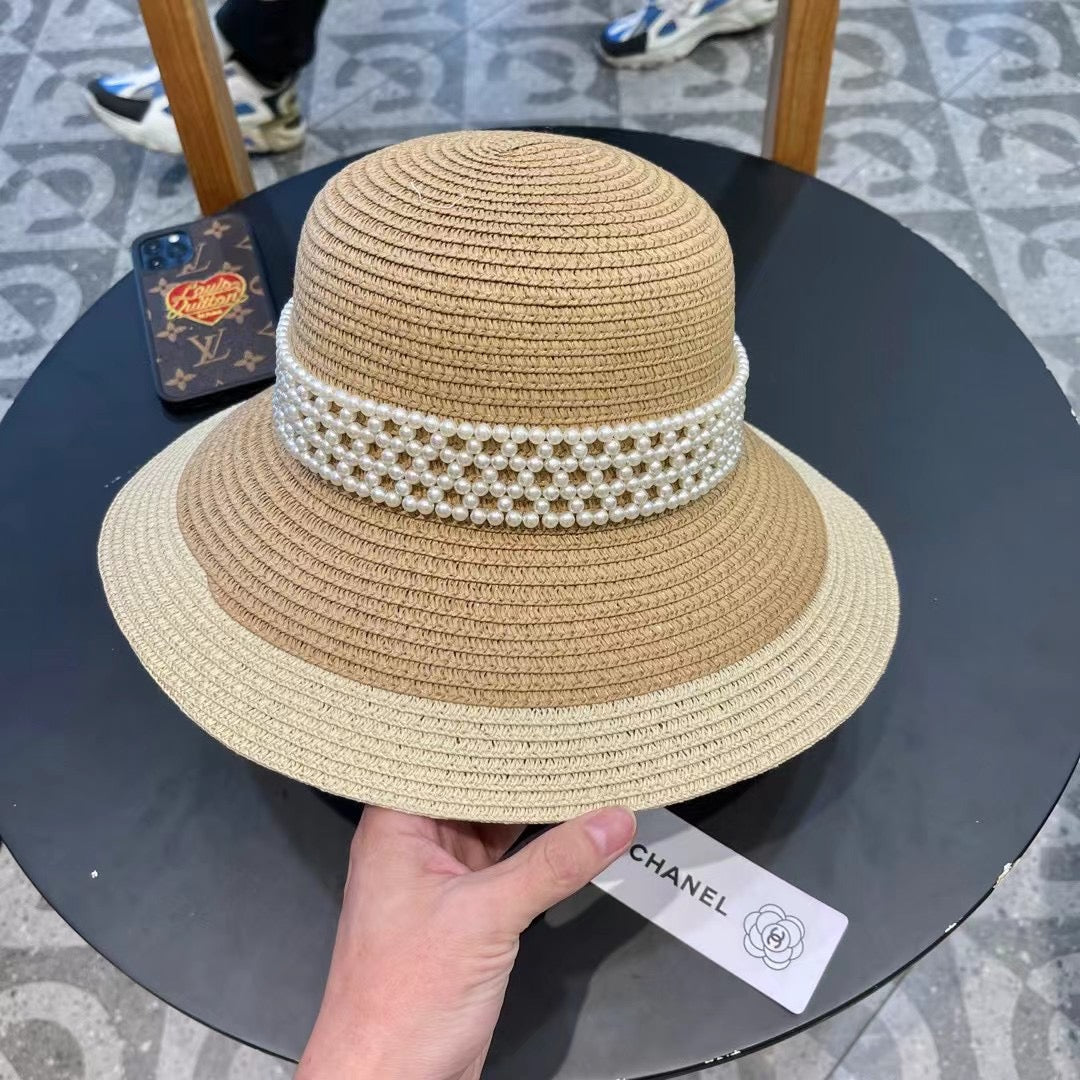 CHANEL STRAW BUCKET HAT WITH PEARLS 672765