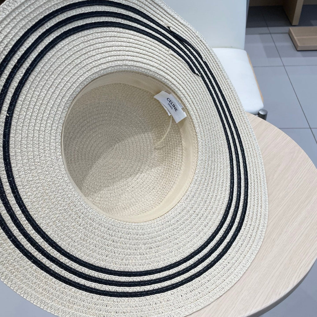 CELINE WIDE BRIM HAT MODEL 650408 IN CREAM WHITE BLACK STRIPES WOVEN STRAW