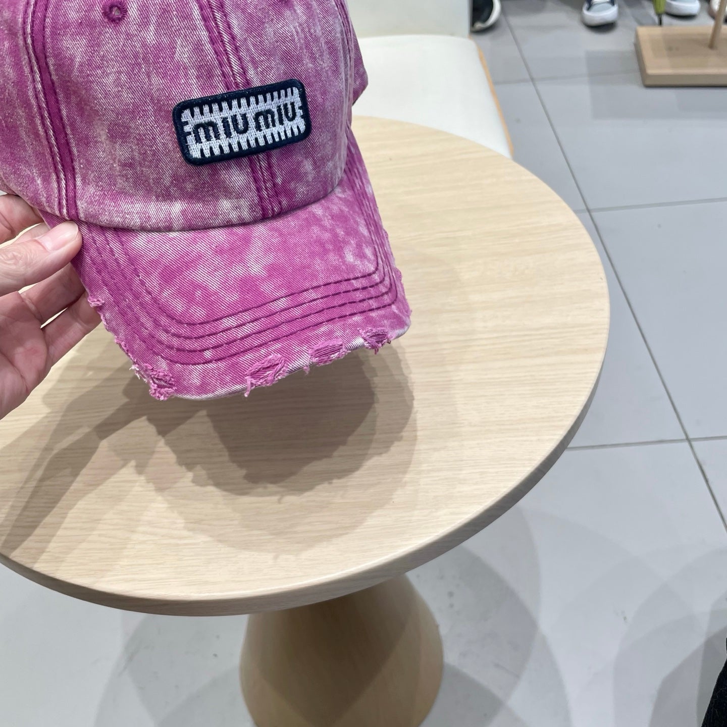 MM DISTRESSED FABRIC BASEBALL CAP IN PINK WITH EMBROIDERED LOGO