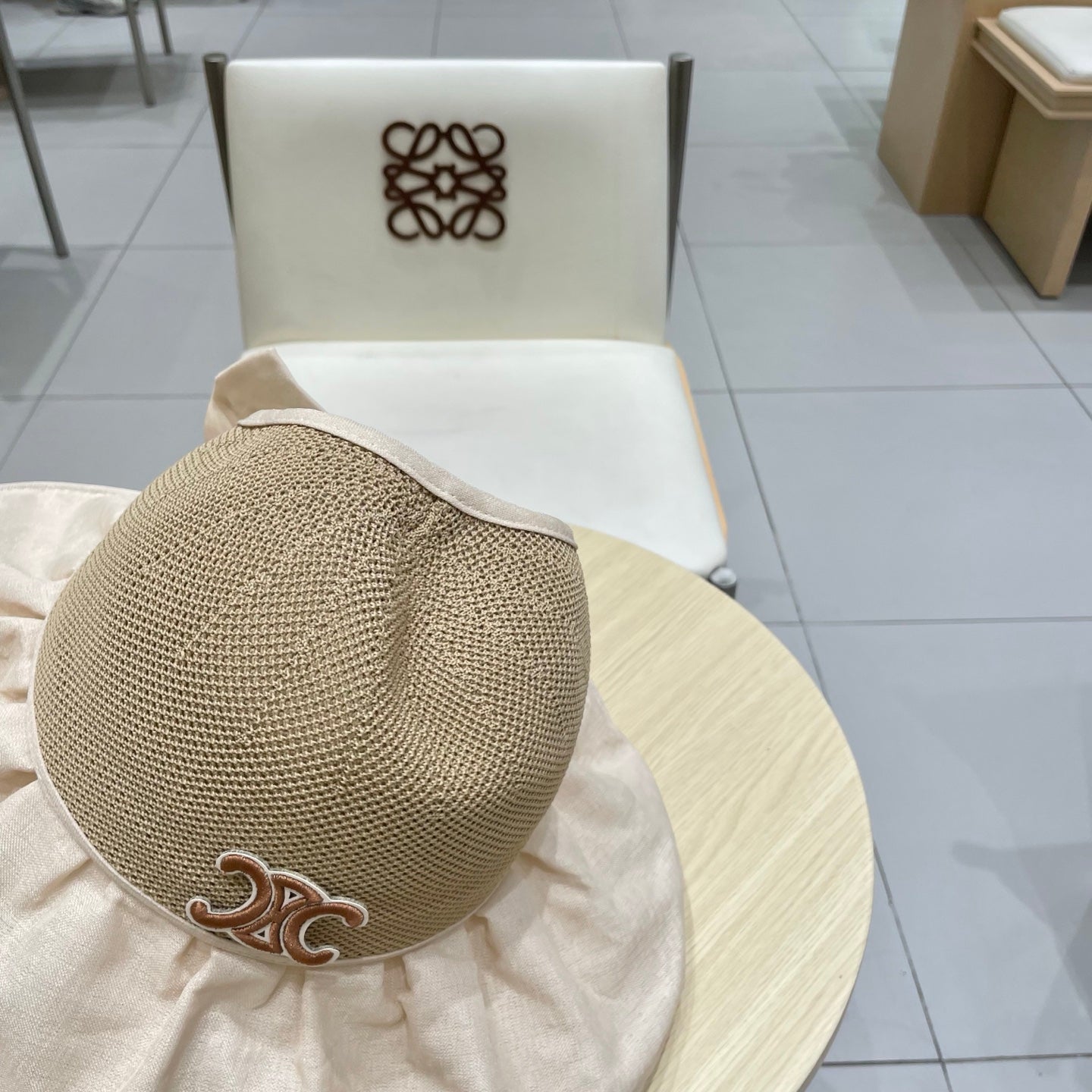 CELINE WIDE BRIM HALF HEAD HAT MODEL 650678 IN DARK BEIGE MESH FABRIC