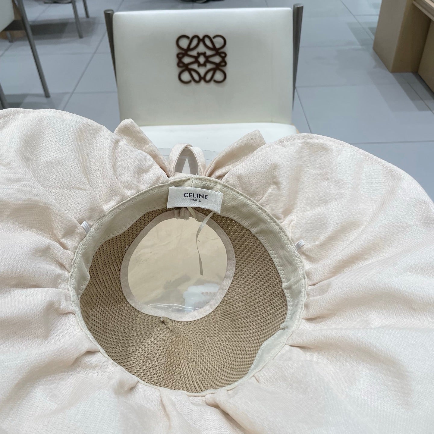 CELINE WIDE BRIM HALF HEAD HAT MODEL 650678 IN DARK BEIGE MESH FABRIC