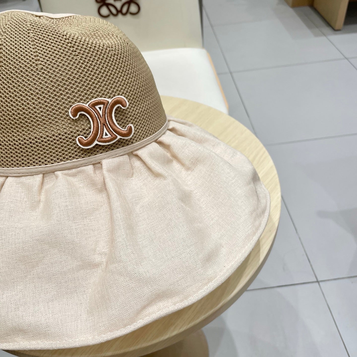 CELINE WIDE BRIM HALF HEAD HAT MODEL 650678 IN DARK BEIGE MESH FABRIC
