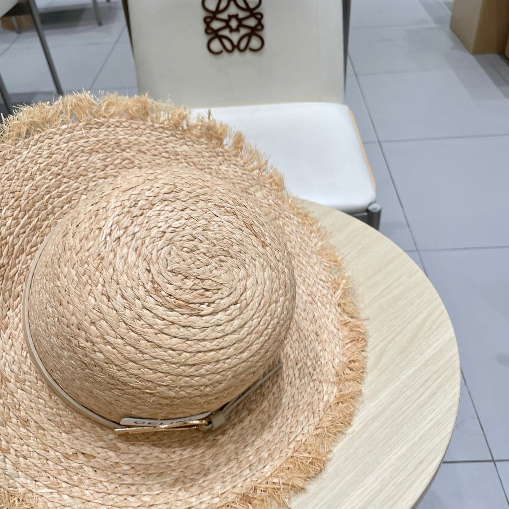 CELINE WIDE BRIM HAT MODEL 650421 IN NATURAL WITH BEIGE LEATHER STRAP RAFFIA STRAW