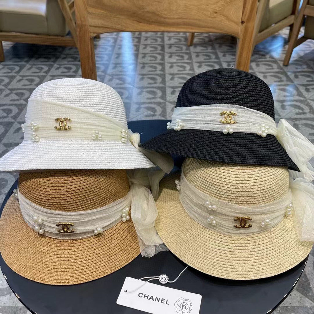 CHANEL STRAW HAT BOW WITH PEARL WHITE 672700