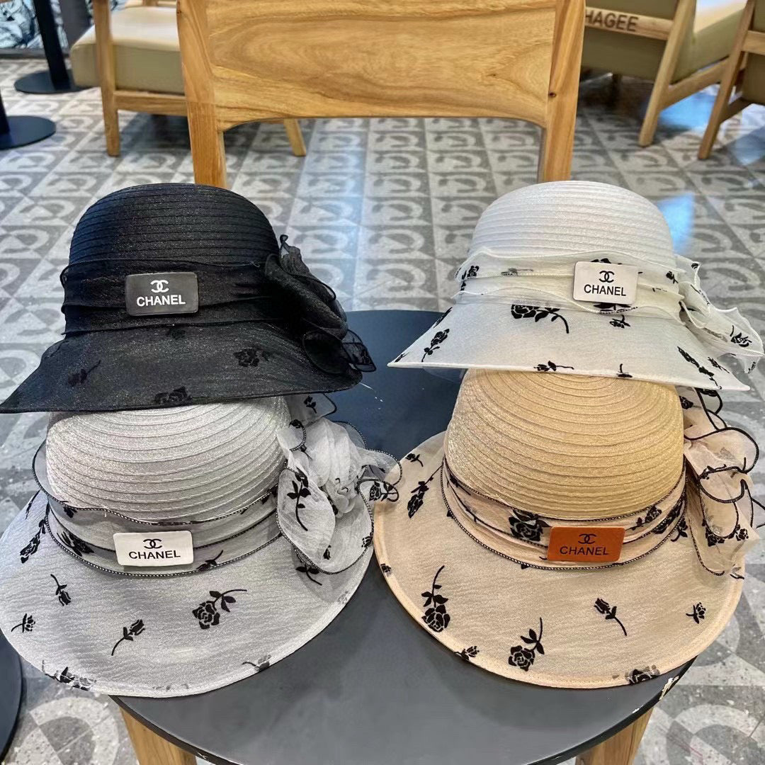 CHANEL STRAW HAT WITH CHIFFON FLOWER BLACK 672760