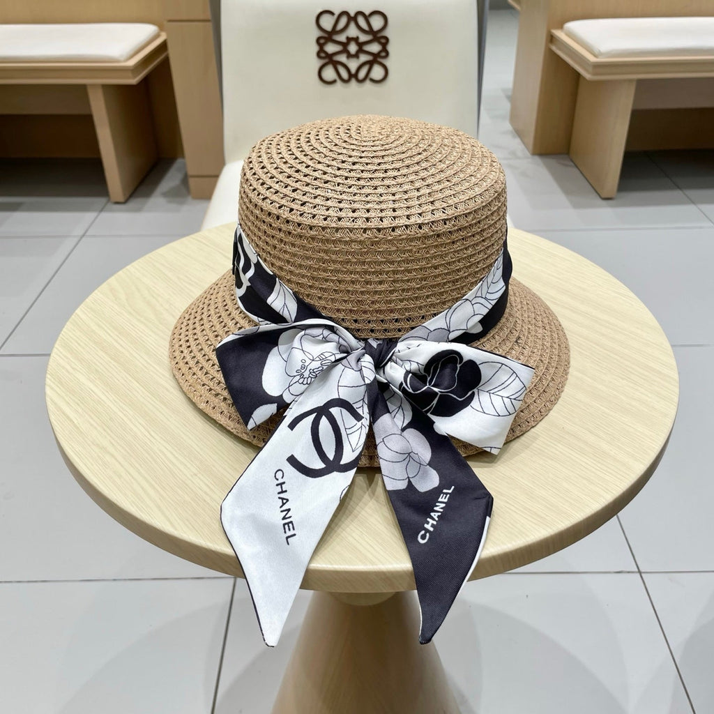 CHANEL NATURAL STRAW BUCKET HAT WITH RIBBON 672771