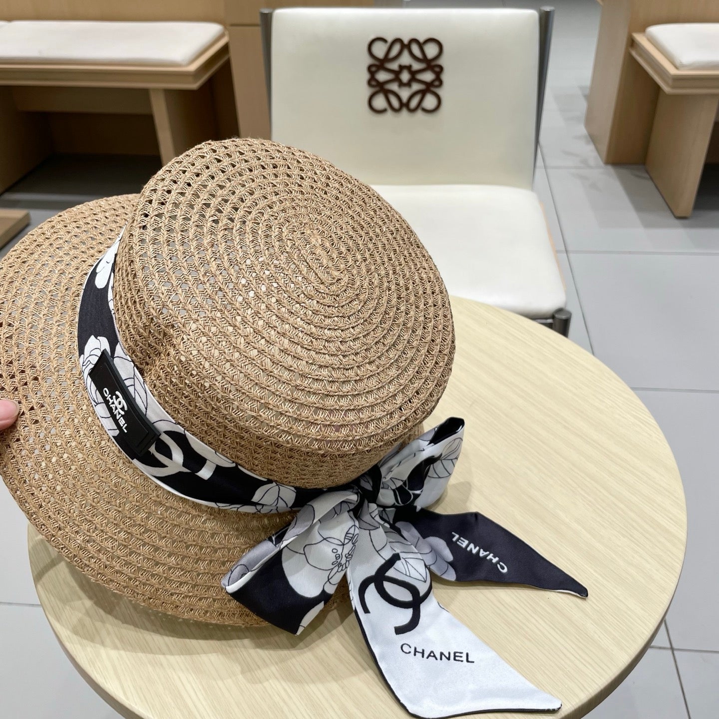 CHANEL NATURAL STRAW BUCKET HAT WITH RIBBON 672771