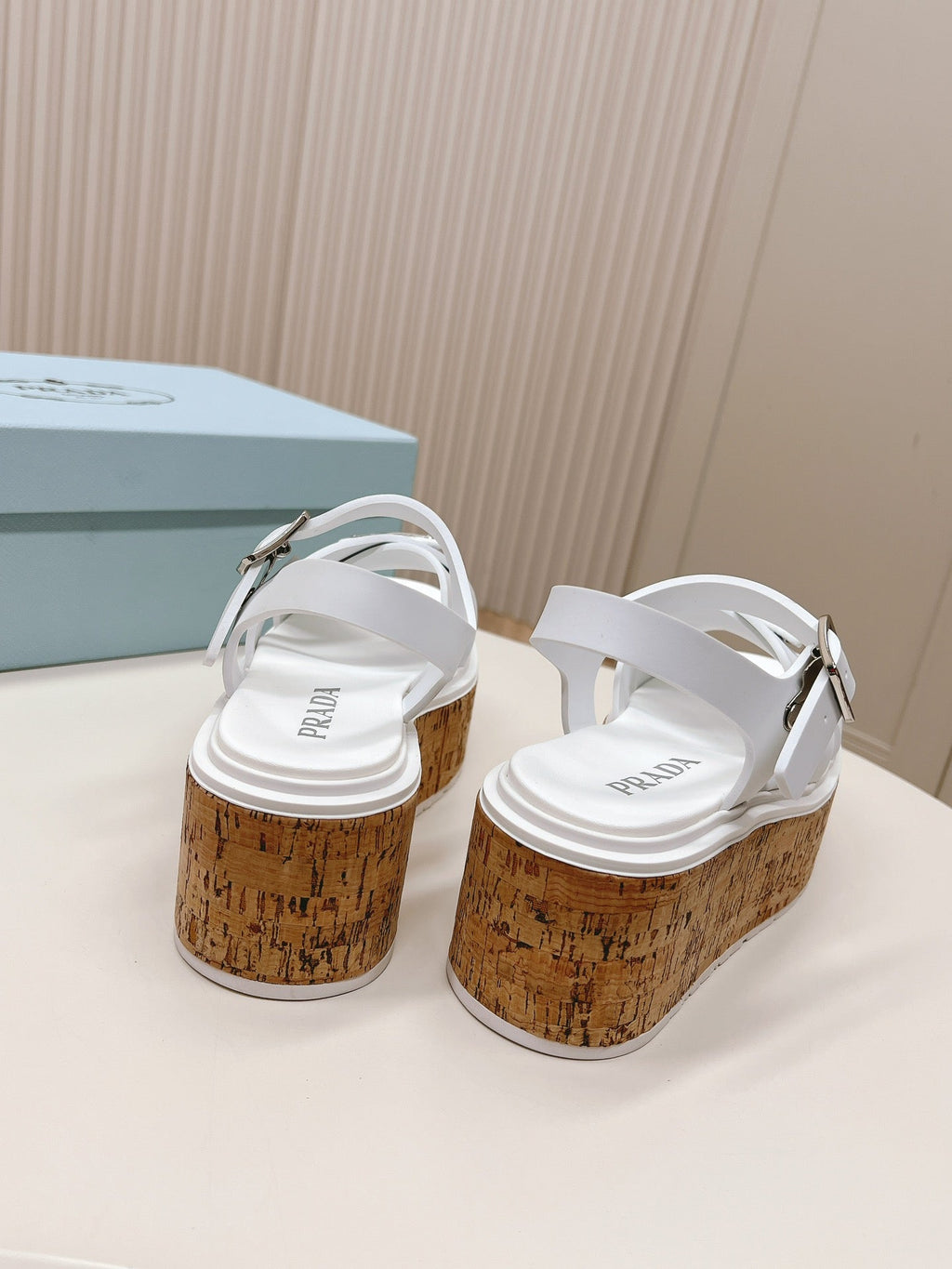 PRADA WEDGE PLATFORM SANLS WHITE CALFSKIN
