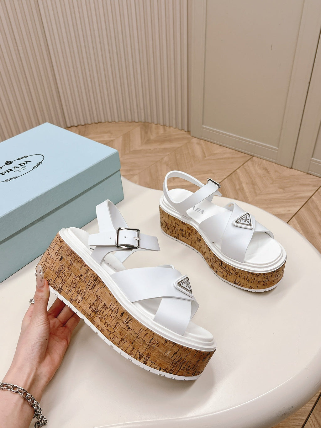 PRADA WEDGE PLATFORM SANLS WHITE CALFSKIN