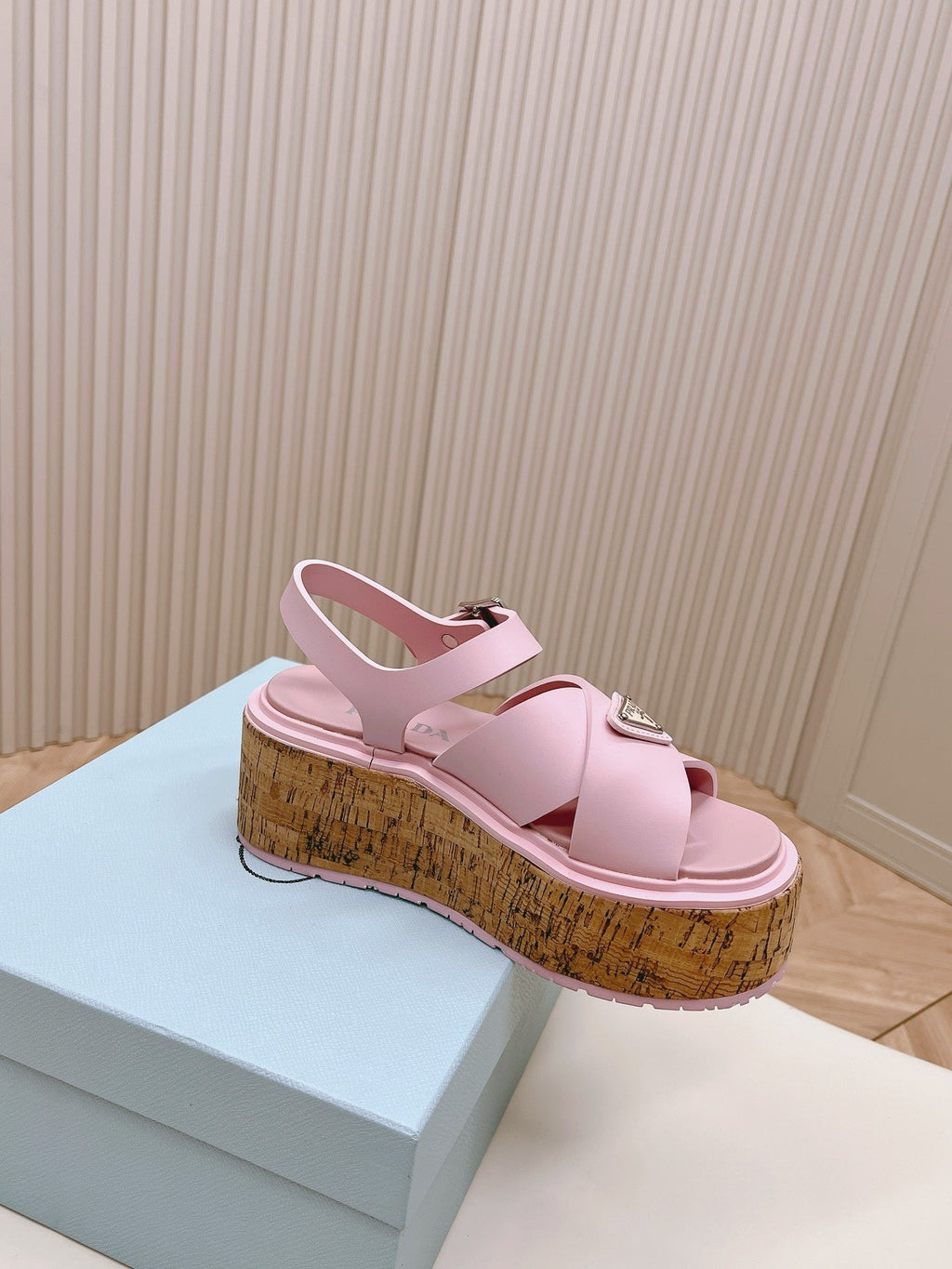 PRADA WEDGE PLATFORM SANLS PASTEL PINK CALFSKIN