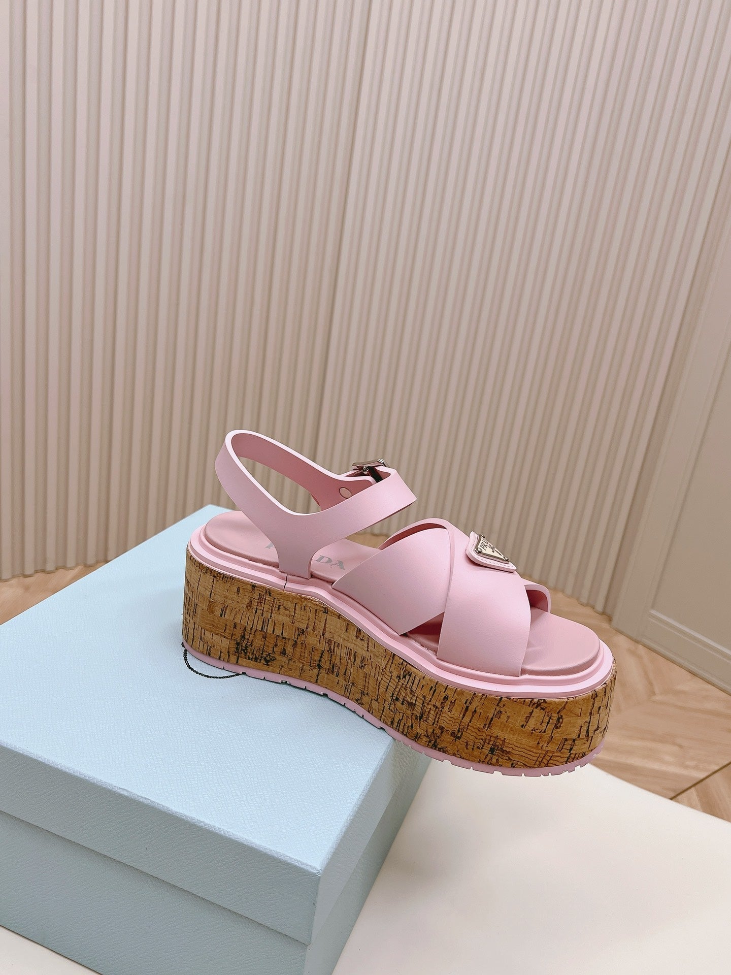 PRADA WEDGE PLATFORM SANLS PASTEL PINK CALFSKIN