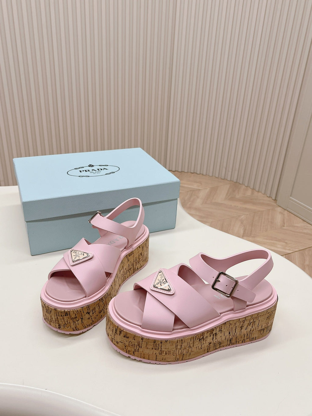 PRADA WEDGE PLATFORM SANLS PASTEL PINK CALFSKIN