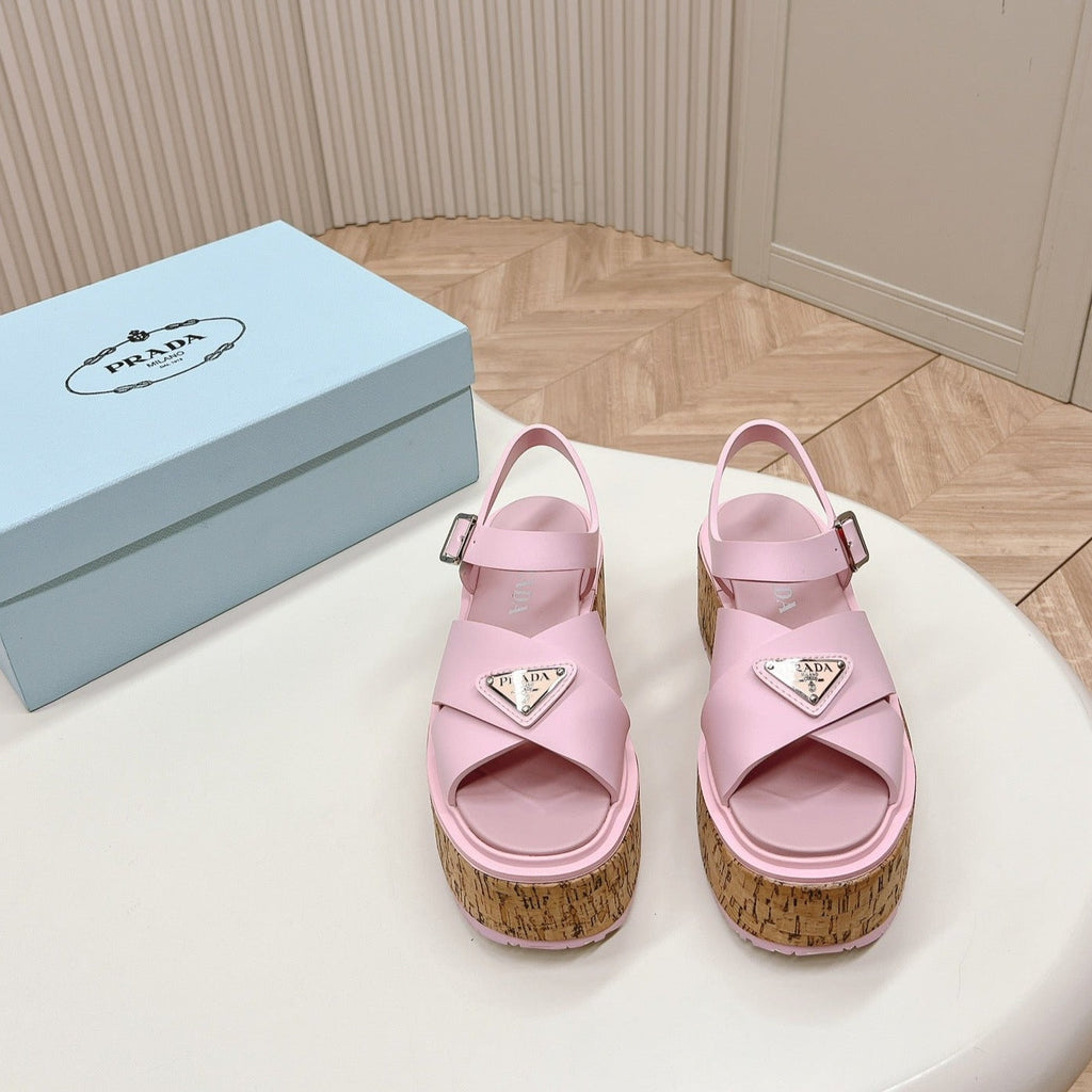 PRADA WEDGE PLATFORM SANLS PASTEL PINK CALFSKIN