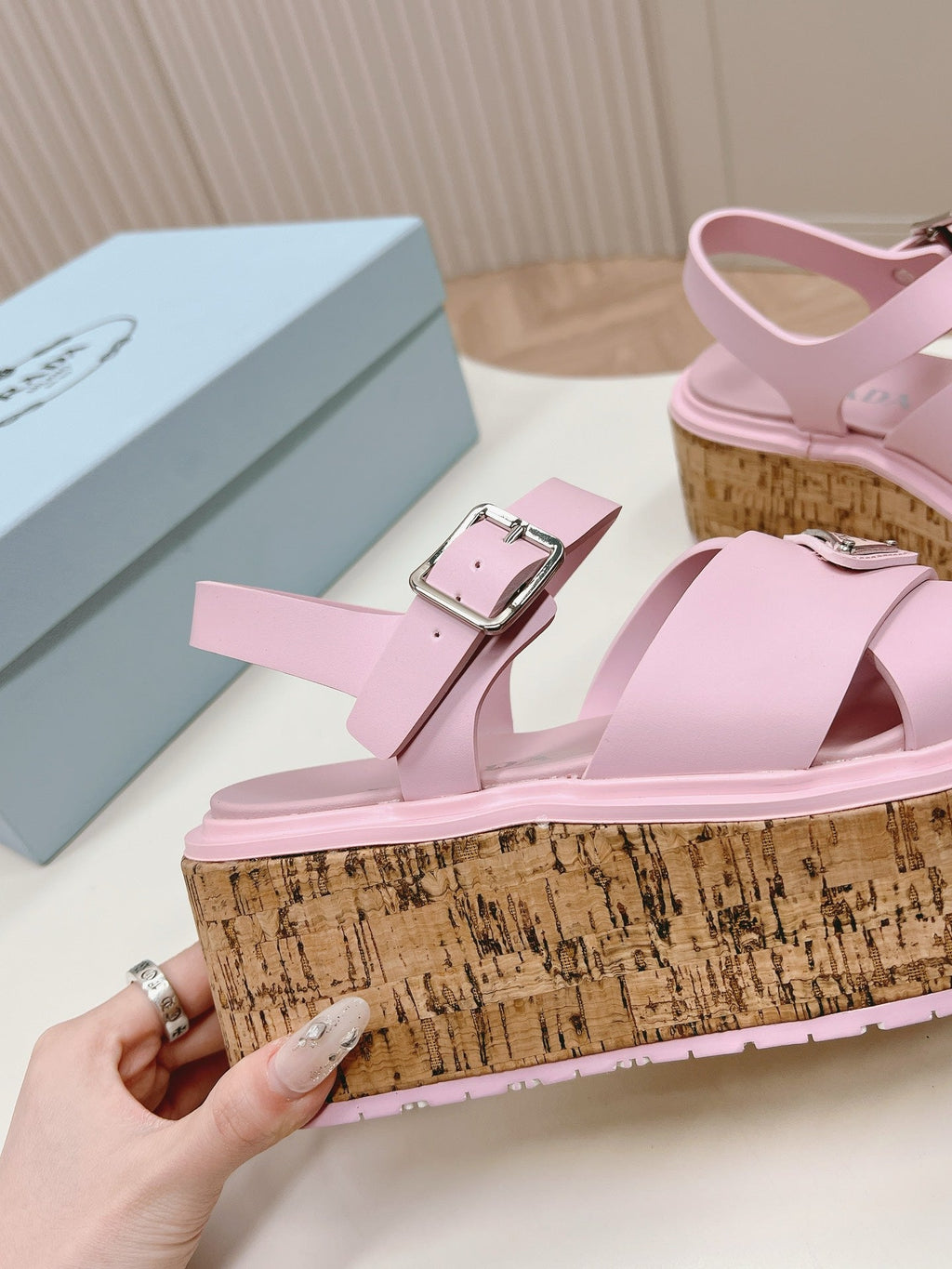 PRADA WEDGE PLATFORM SANLS PASTEL PINK CALFSKIN