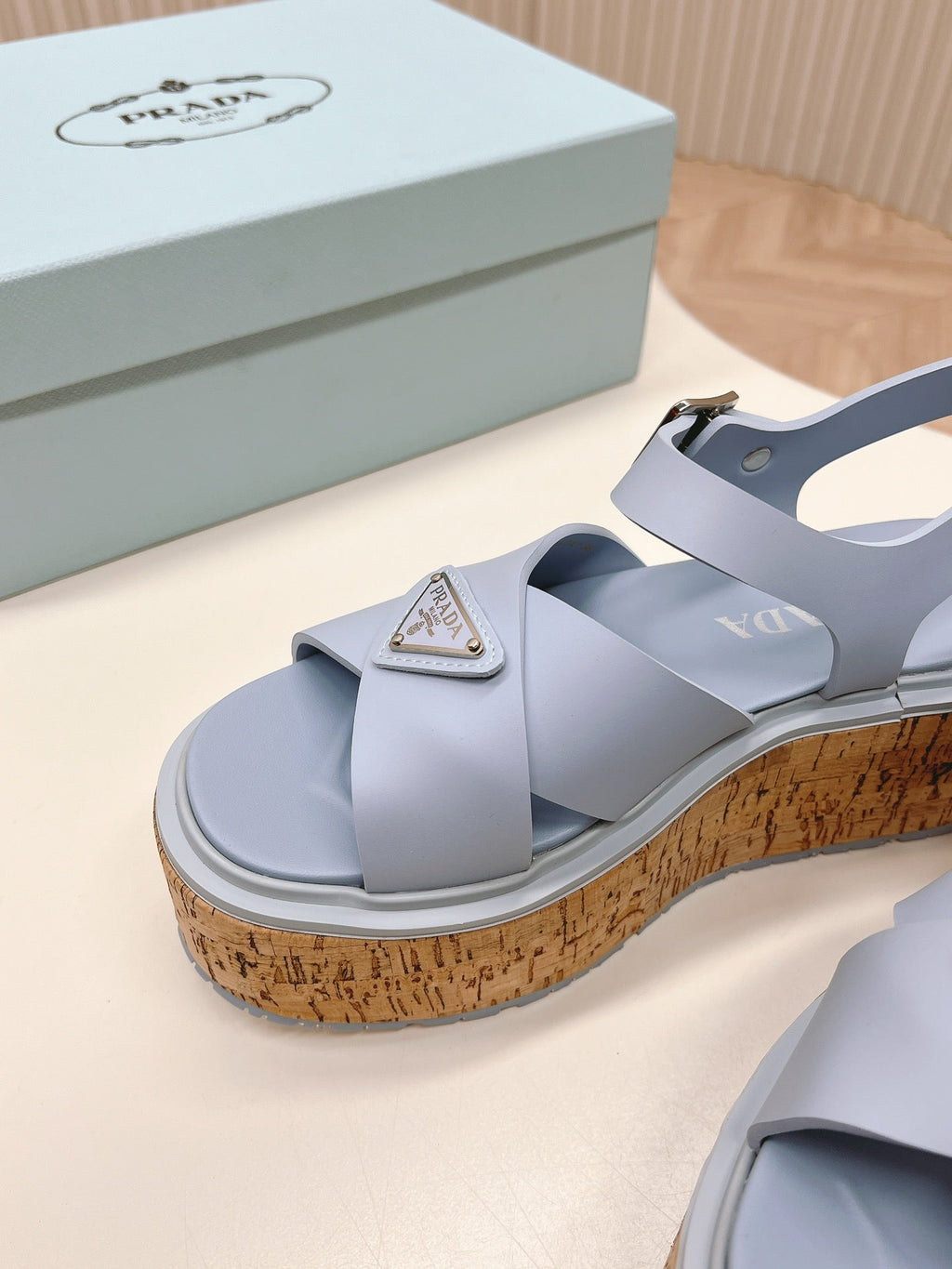 PRADA WEDGE PLATFORM SANLS SAPPHIRE CALFSKIN