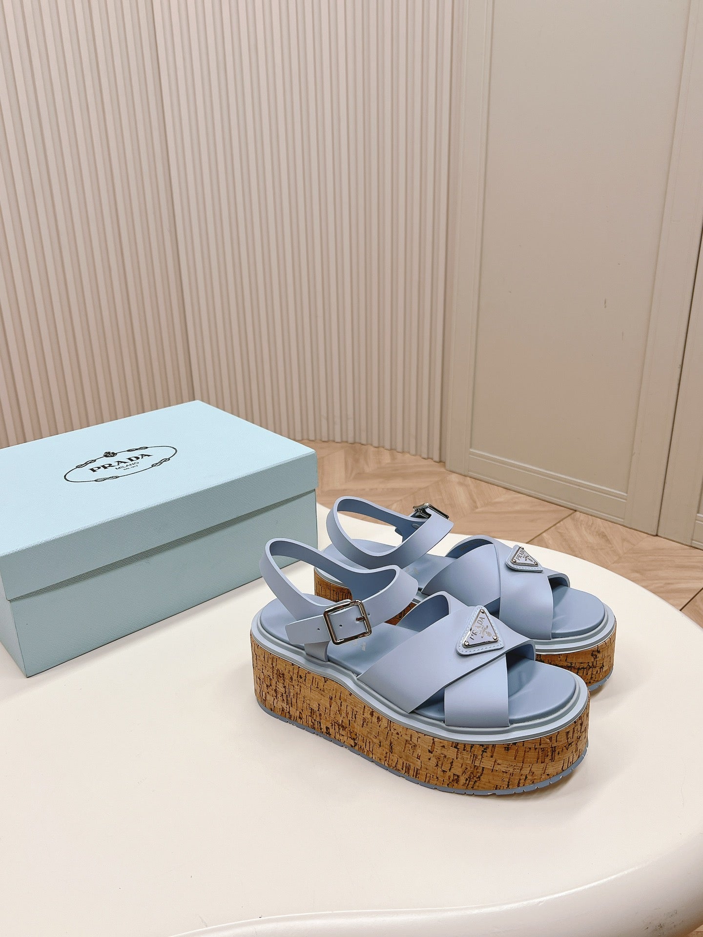 PRADA WEDGE PLATFORM SANLS SAPPHIRE CALFSKIN