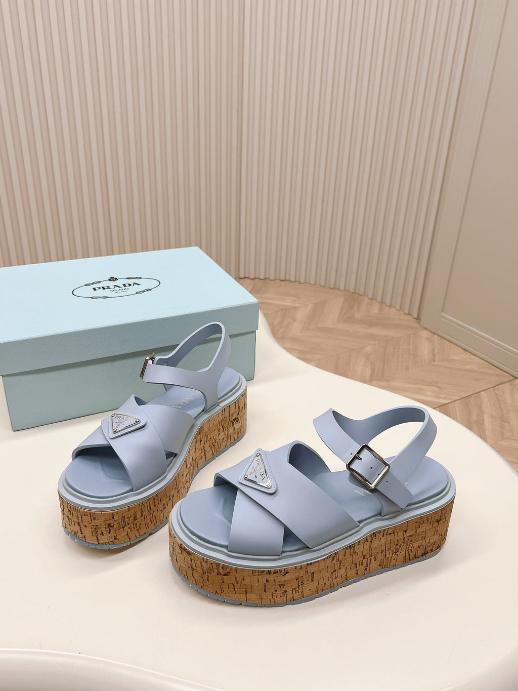 PRADA WEDGE PLATFORM SANLS SAPPHIRE CALFSKIN