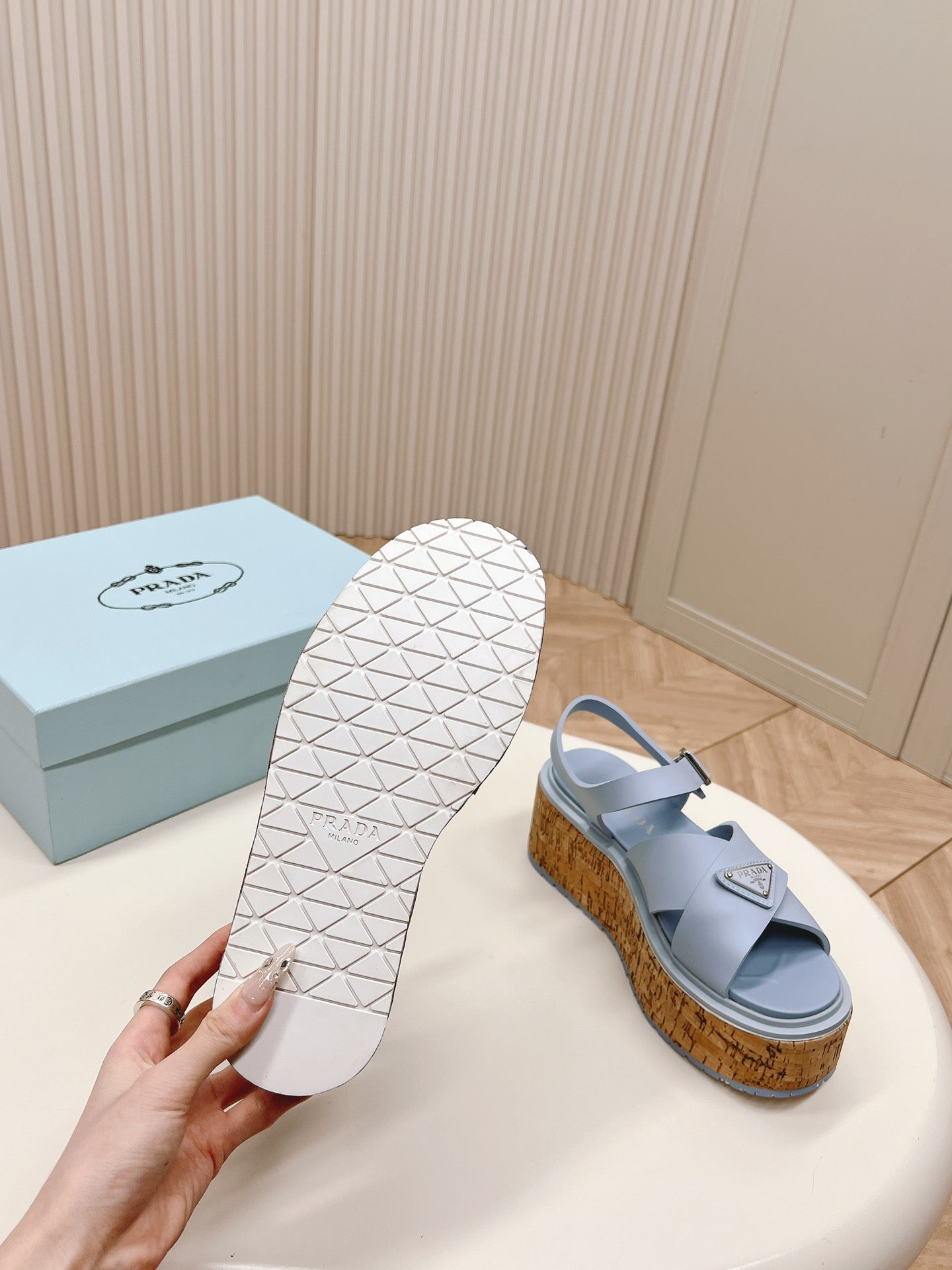 PRADA WEDGE PLATFORM SANLS SAPPHIRE CALFSKIN