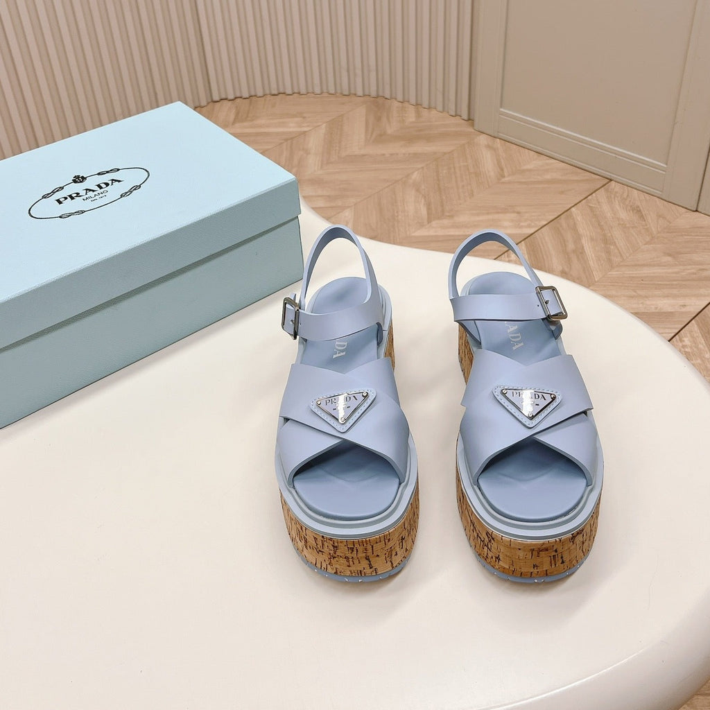 PRADA WEDGE PLATFORM SANLS SAPPHIRE CALFSKIN