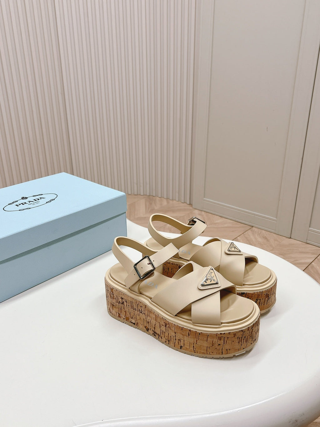 PRADA WEDGE PLATFORM SANLS BEIGE CALFSKIN
