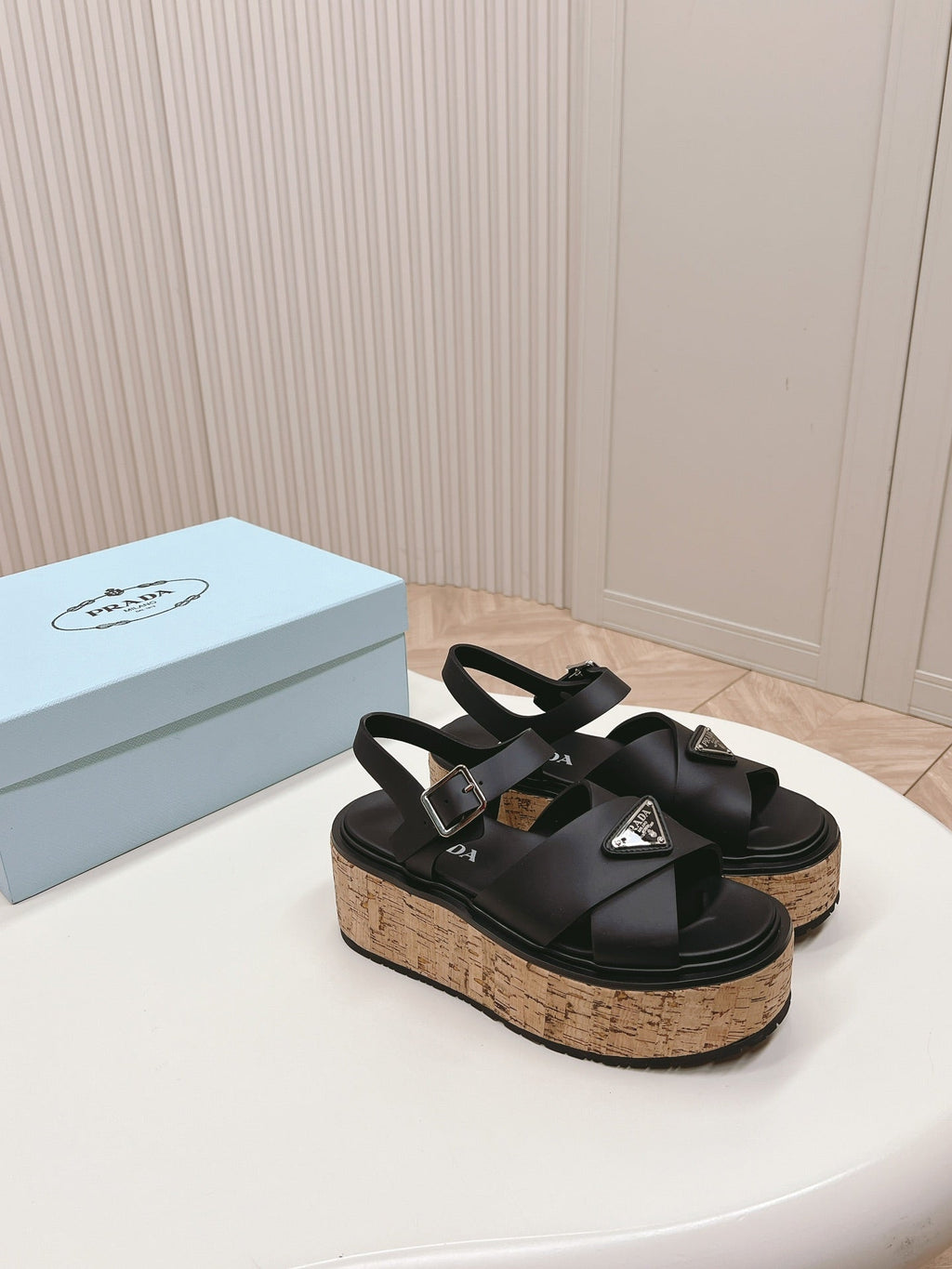 PRADA WEDGE PLATFORM SANLS BLACK CALFSKIN