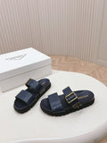 PRADA CROCODILE MOTIF SLIDES SANLS NAVY CALFSKIN