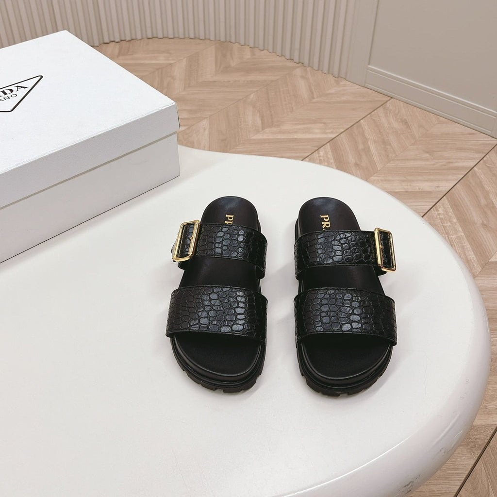 PRADA CROCODILE MOTIF SLIDES SANLS BLACK CALFSKIN