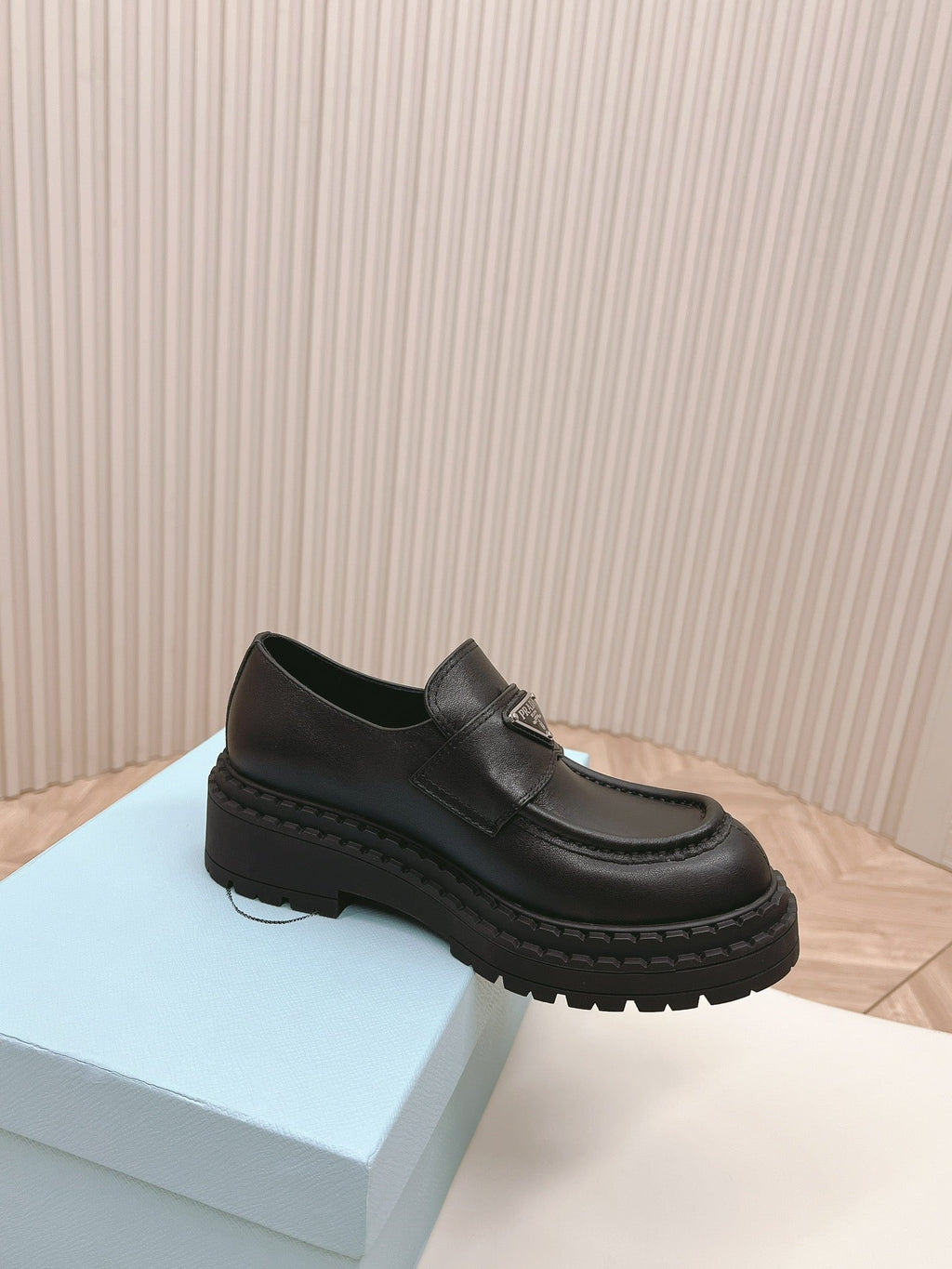 PRADA BRUSHED MONOLITH LOAFERS BLACK CALFSKIN