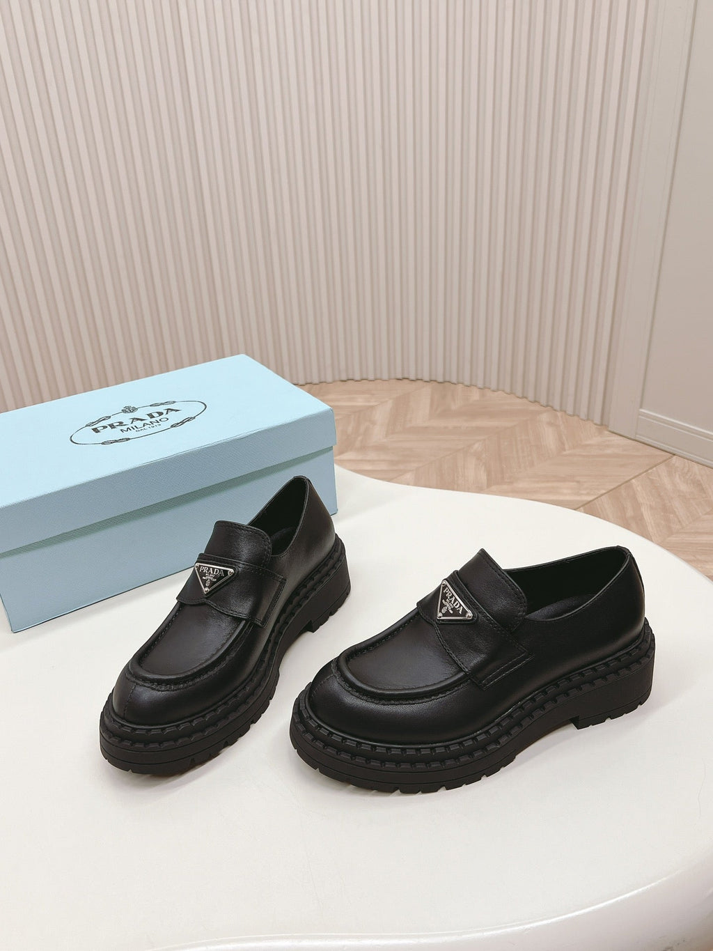 PRADA BRUSHED MONOLITH LOAFERS BLACK CALFSKIN